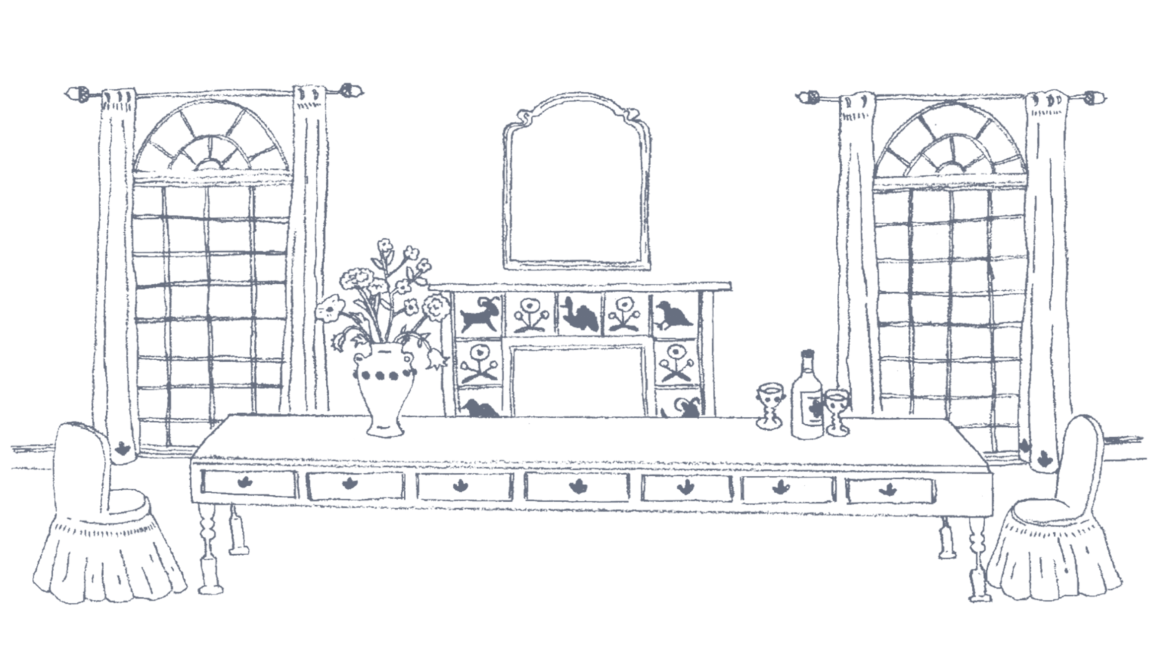 Hand-drawn dining room with an empty table